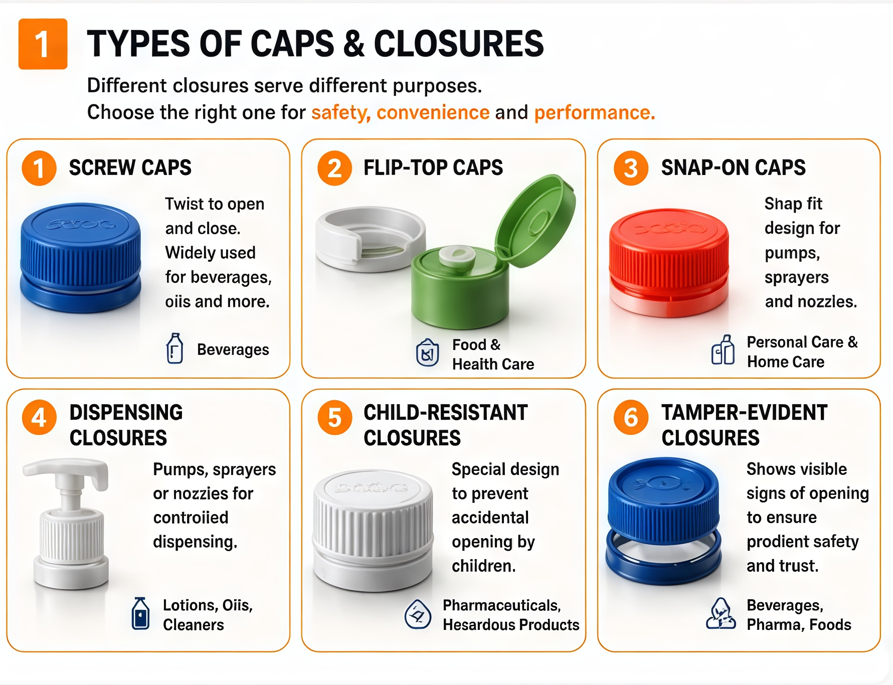 Types of Caps and Closures — Screw Caps, Flip-Top, Snap-On, Dispensing, Child-Resistant, Tamper-Evident